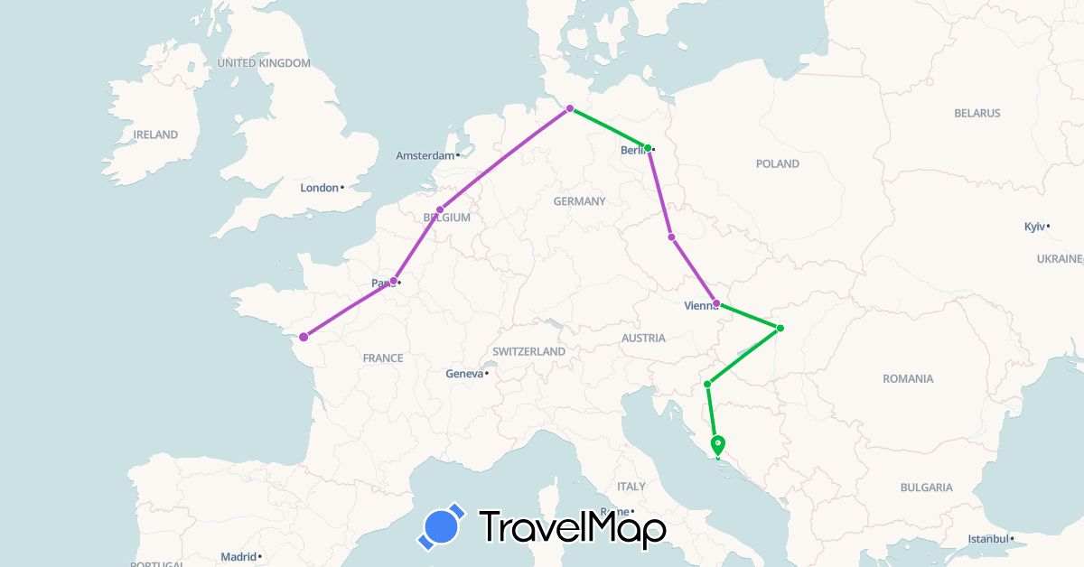 TravelMap itinerary: driving, bus, train in Austria, Belgium, Czech Republic, Germany, France, Croatia, Hungary (Europe)